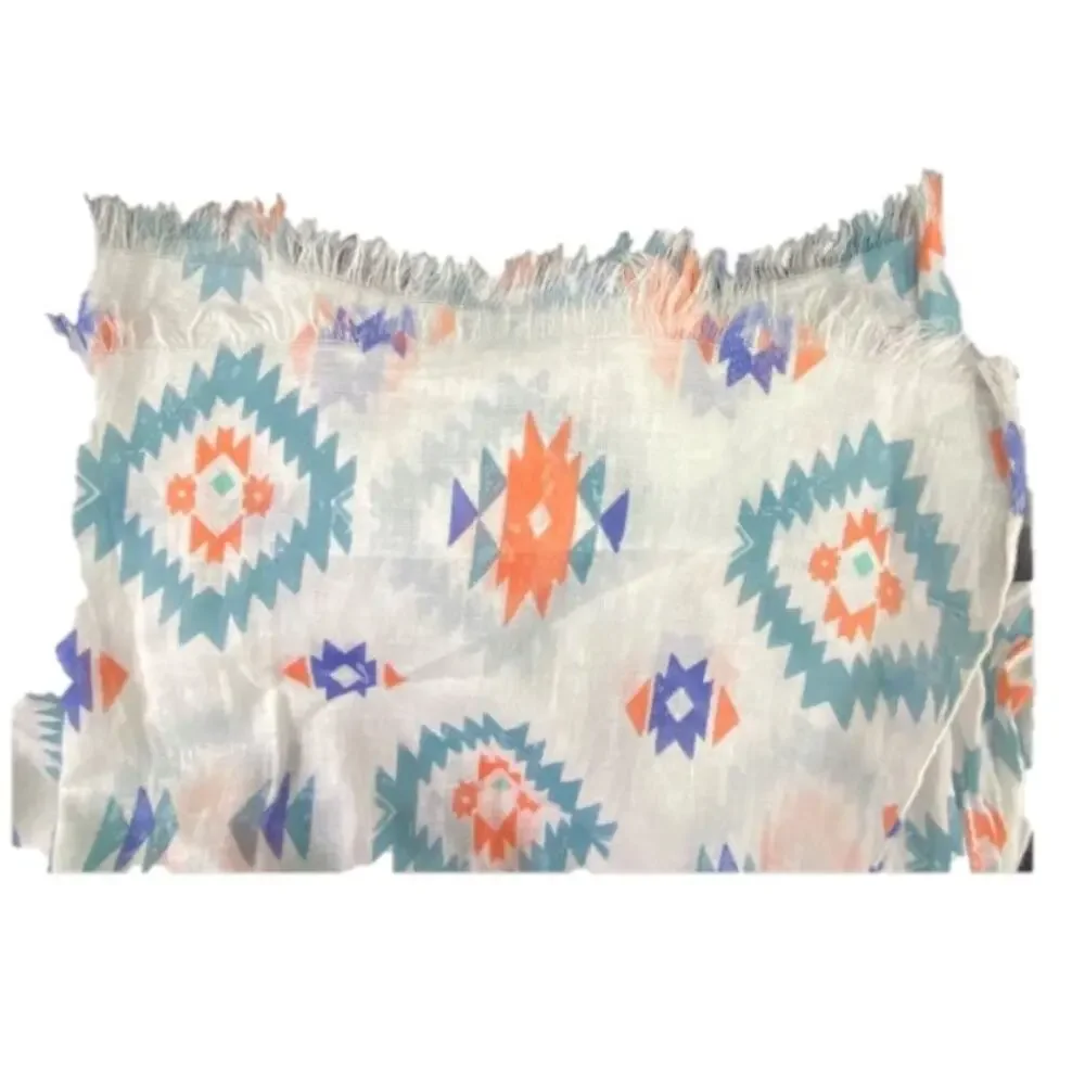 Funky Boho Raw Edge Scarf White with Multicolor Aztec Tribal Print L72